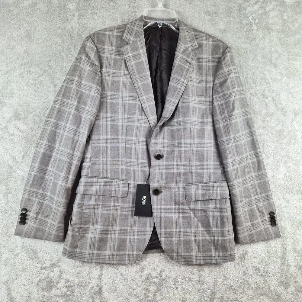 Boss Hugo Boss 36S Gray Plaid Wool Blazer Guabello Super 130s Sport Coat NEW